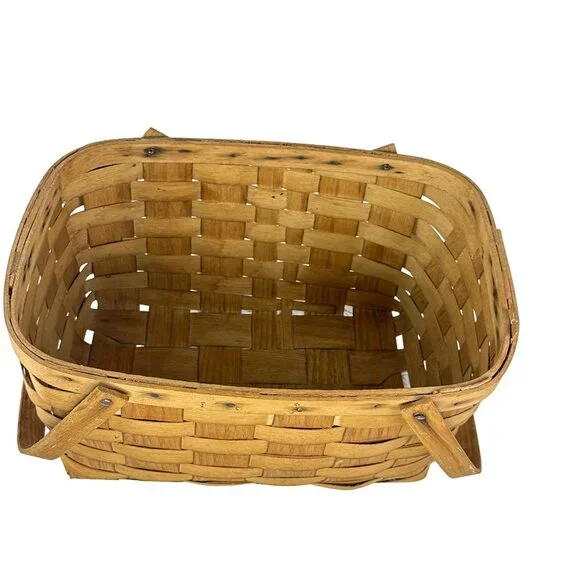 Vtg Basketville Woven Wood Picnic Basket Swing Handles Farmhouse Rustic Decor - Picture 2 of 16